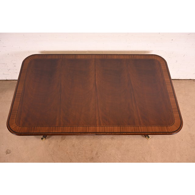 Baker Furniture Stately Homes Georgian Banded Mahogany Double Pedestal Extension Dining Table | Newly Refinished For Sale - Image 9 of 14
