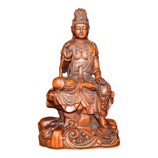 Vintage Boxwood Carving of Guanyin in Royal Ease Pose With Mala For Sale