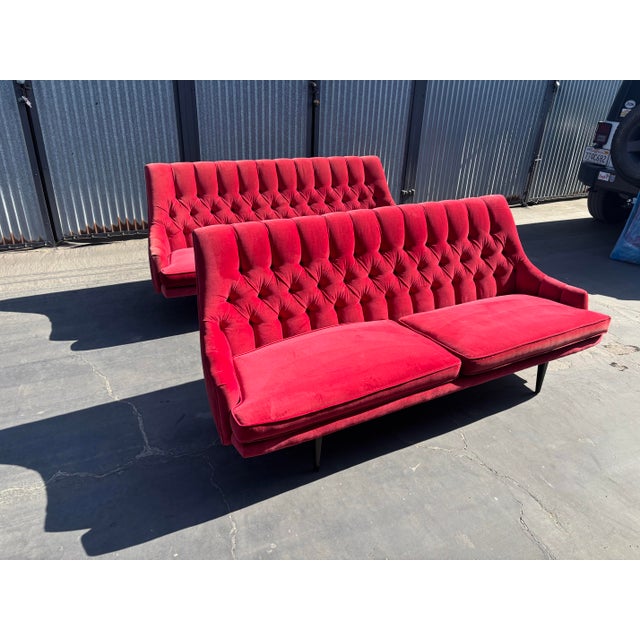 Mid Century Modern Tufted Red Velvet Sofas- a Pair For Sale - Image 4 of 12