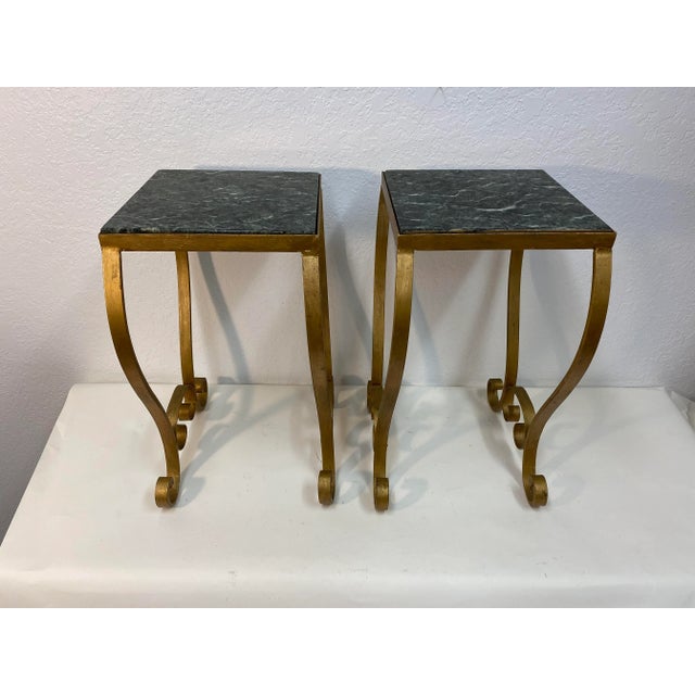 English Pair of Antique Green Marble Topped Iron Scroll-Ware Side Tables From England For Sale - Image 3 of 13