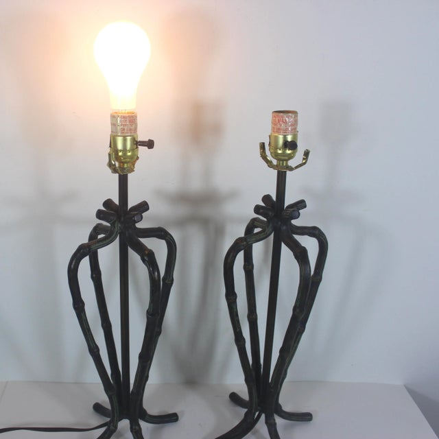 Vintage French Faux Bamboo Lamps With Bronze Finish - A Pair For Sale - Image 4 of 11