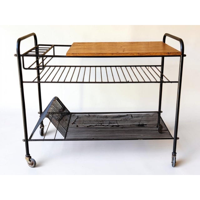 Vintage Wire and Wood Serving Cart/Rolling Table — 1950s-60s This serving cart, with its clean lines, embodies the wire...
