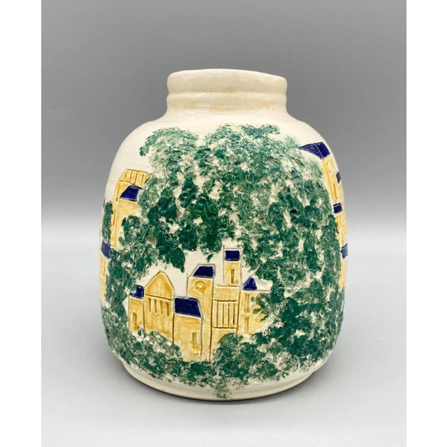 Ceramic 1990's Signed Studio Pottery Off-White Vase With Church and Trees For Sale - Image 7 of 12