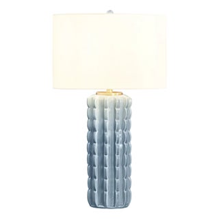 Matthew Izzo Home Cece Light Blue Glaze Scalloped Ceramic Table Lamp With Ceramic Finial and Shade For Sale