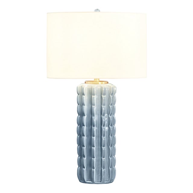 Matthew Izzo Home Cece Light Blue Glaze Scalloped Ceramic Table Lamp With Ceramic Finial and Shade For Sale