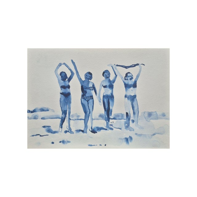 Four figures emerge from a luminous white background. The composition unfolds through a monochromatic blue palette. Fluid...
