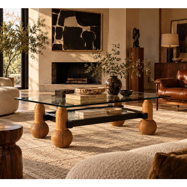 Striking 1980s Italian Postmodern rectangular coffee table featuring four oversized sculptural turned wood legs with...