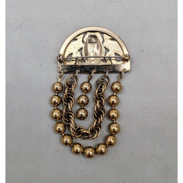 Gold Vintage 1970s Signed Napier Egyptian Revival Goldtone Scarab & Serpents Fringe Brooch For Sale - Image 8 of 8