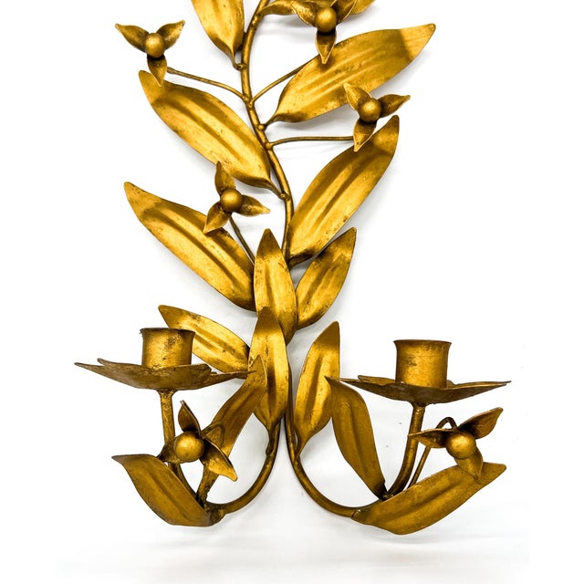 Gold Vintage Italian Gilt Tole Floral Wall Sconces, Pair – Hollywood Regency / Italian Provincial For Sale - Image 8 of 9