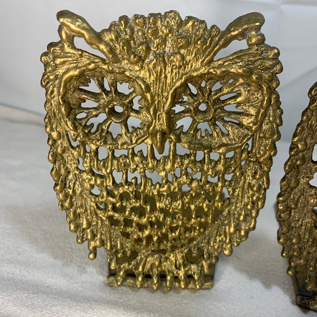 Mid-Century Modern Vintag Brass C. 1970s Owl Bookends - Pair For Sale - Image 3 of 6