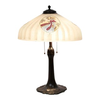 19th Century Bronze / Painted Glass Shade Table Lamp For Sale