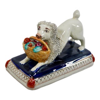 Antique Staffordshire Confetti Poodle W/ Basket Figurine For Sale