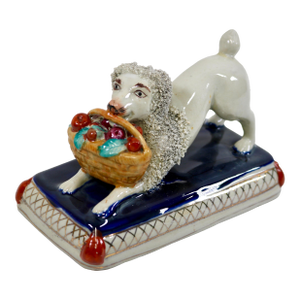 Antique Staffordshire Confetti Poodle W/ Basket Figurine