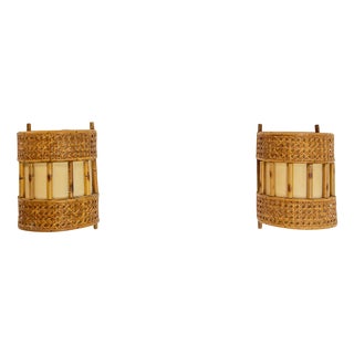 Cane Rattan & Fabric Sconces in the style of Louis Sognot, 1960s, Set of 2 For Sale