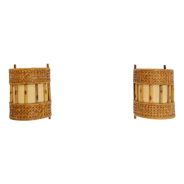 Cane Rattan & Fabric Sconces in the style of Louis Sognot, 1960s, Set of 2 For Sale