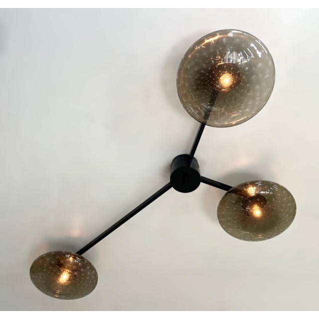 Glass Trio Black Powder Coat Smoky Bubbles Glass Flush Mount by Fabio LTD For Sale - Image 7 of 7
