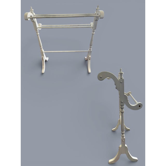 Linen Vintage White Wood Quilt Rack Stand-Farmhouse-Towel-Blanket Holder-Linen-Throw For Sale - Image 8 of 11