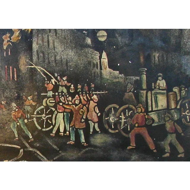 Victorian Early 20th C. Hand-Painted Tole Tray of Fire Brigade, Signed For Sale - Image 3 of 5