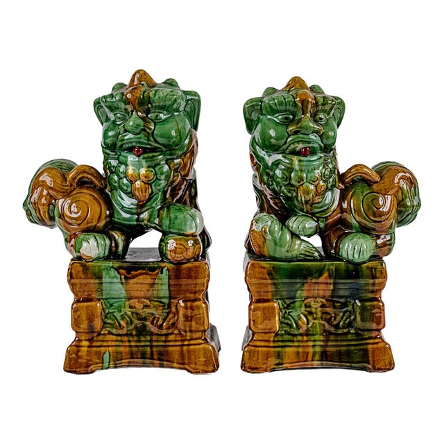 Rare Mid-Century Modern Chinese Ceremic Food Dogs in Vibrant Sancai-Style Green & Amber Drip Glaze For Sale