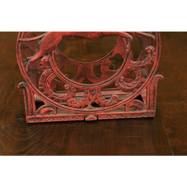 English 1930s Red Painted Metal Magazine Rack with Medallions and Greyhounds For Sale - Image 10 of 11