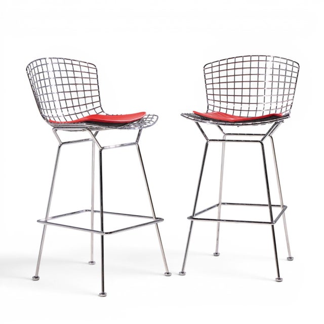 Harry Bertoia for Knoll Mid Century Chrome Bar Stools - Pair Each stool measures: 21 wide x 22 deep x 41.25 inches high,...
