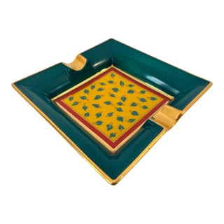 Vintage Kahla Porcelain Square Ashtray Green and Gold Germany C. 1950 For Sale