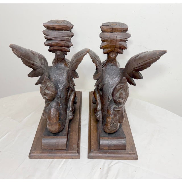 Pair Antique 19th Century Carved Wood Architectural Salvage Griffin Sculptures For Sale - Image 15 of 16