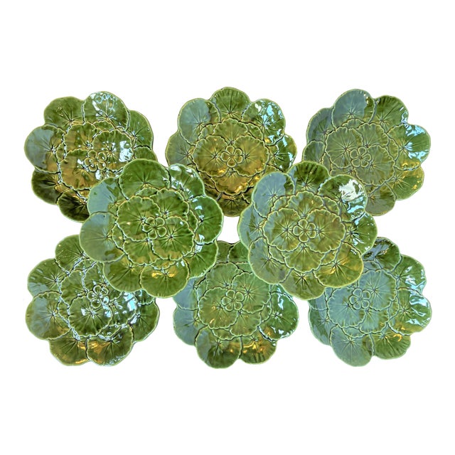 Vintage Majolica Cabbage Ware Geranium Plates - Set of 8 For Sale