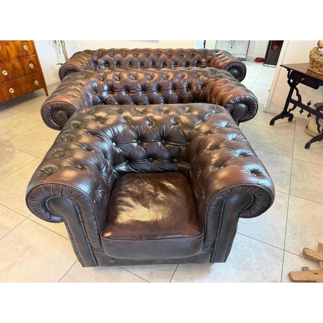 Chesterfield Sofas and Club Chair in Leather, Set of 3 For Sale - Image 4 of 18