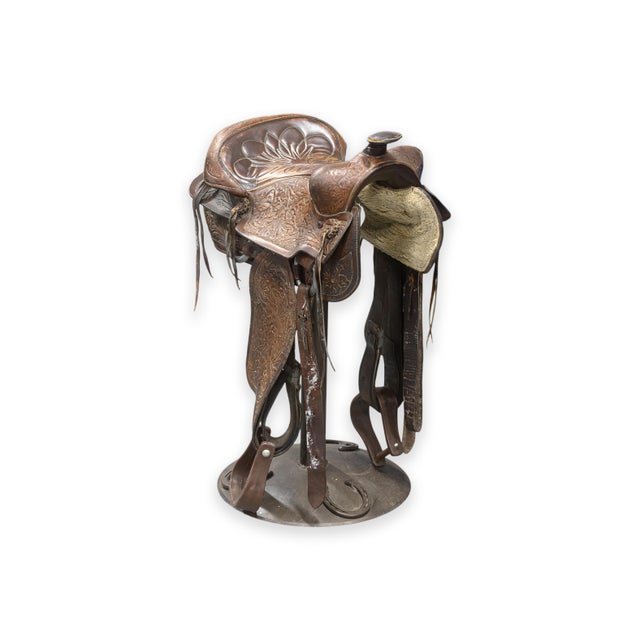 Contemporary Custom Made Whiskey Barrel Pub Table With 4 Horse Saddle Stools For Sale - Image 10 of 14