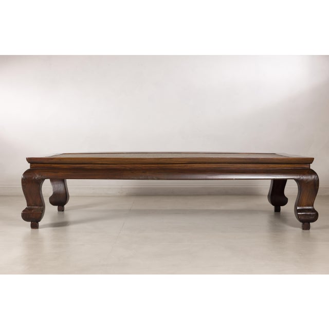 Wood Antique Chinese Elm Opium Bed Coffee Table with Woven Rattan Top and Scroll Legs For Sale - Image 7 of 18