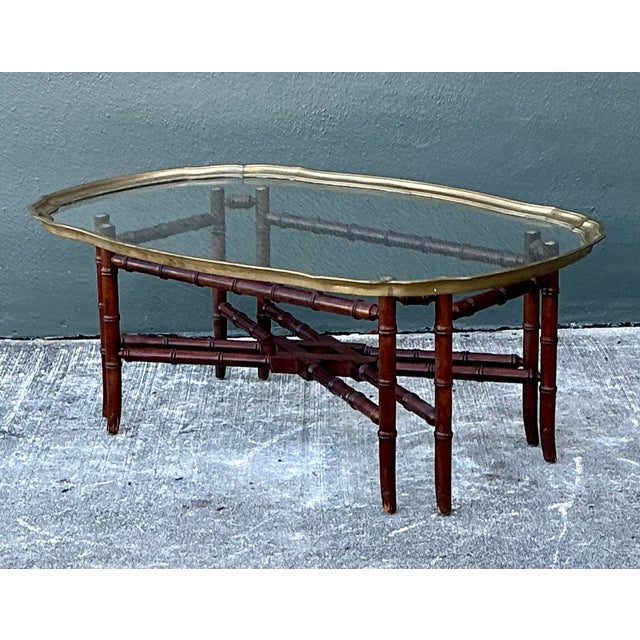 Brass Vintage Carved Bamboo Coffee Table With Brass Framed Glass Top For Sale - Image 8 of 12