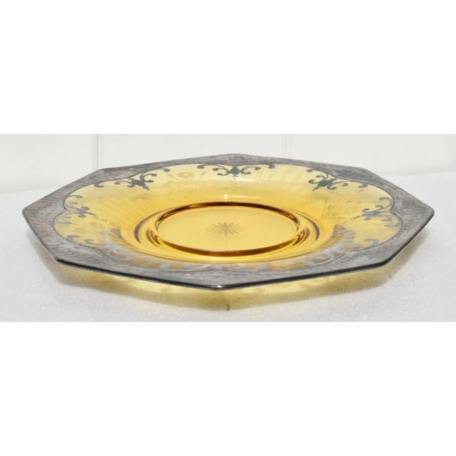 Antique Shaped Amber Etched & Cut Glass Decorative Plate W/Silver Overlay For Sale - Image 12 of 13