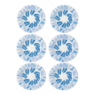 Hand-Painted French Porcelain Dinner Plates - Blue Botanical Motif - Set of 6 For Sale