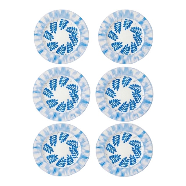 Hand-Painted French Porcelain Dinner Plates - Blue Botanical Motif - Set of 6 For Sale