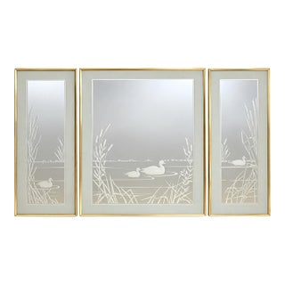Vintage Three-Piece Swan Etched Mirror Set With Gold-Tone Frames For Sale