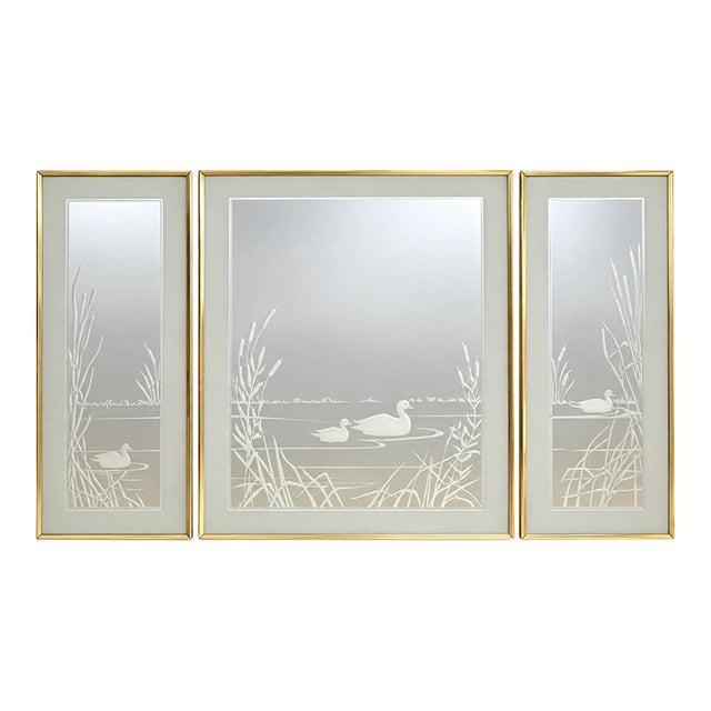 Vintage Three-Piece Swan Etched Mirror Set With Gold-Tone Frames For Sale