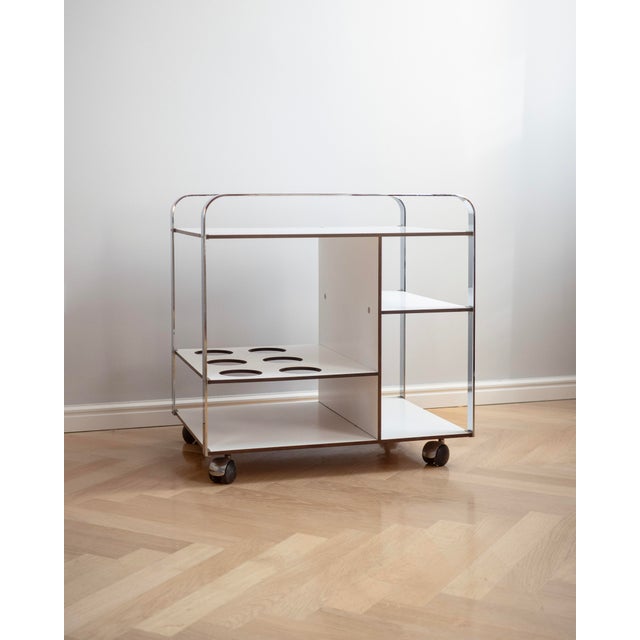Postmodern Chrome Framed White Serving Cart on Wheels, 1980s For Sale - Image 4 of 8