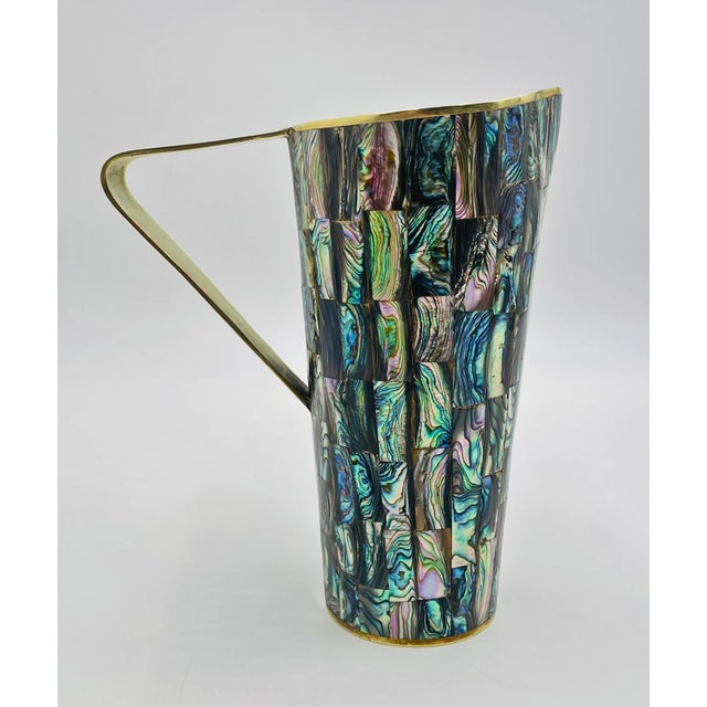 Mexican 1960s Los Castillo Taxco Abalone Shell & Brass Pitcher, Mexican Modern For Sale - Image 3 of 18