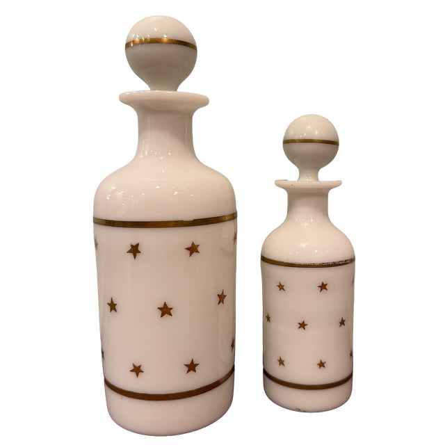 Metal Antique Portieux Vallerysthal French White Opaline Gold Star Apothecary Bottles — Pair For Sale - Image 7 of 13