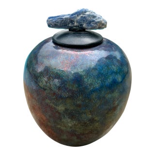 Jeremy Diller Raku Pottery Spirit Jar With Blue Calcite Stone Lid For Sale
