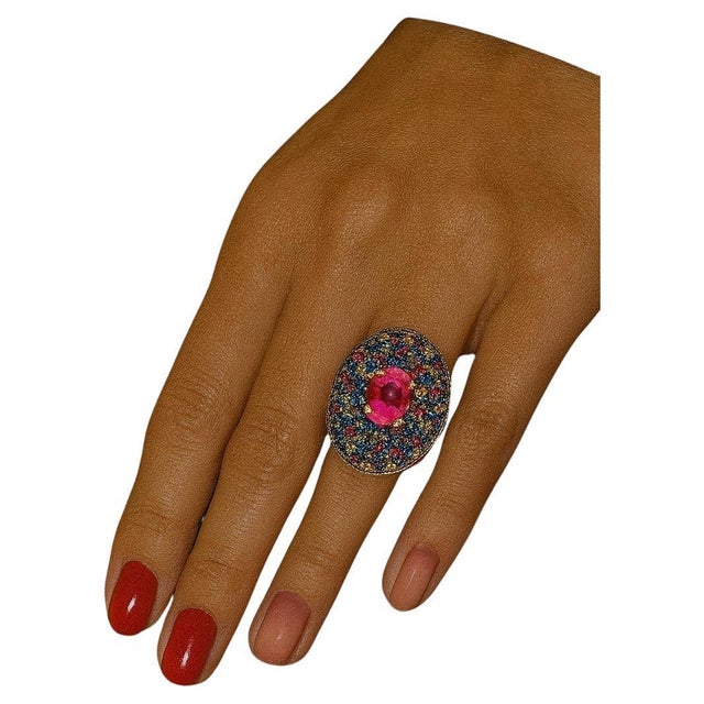 Contemporary Bochic “Orient” Vintage Natural Ruby & Multi Sapphire Ring Set In 18K Gold & Silver For Sale - Image 3 of 8