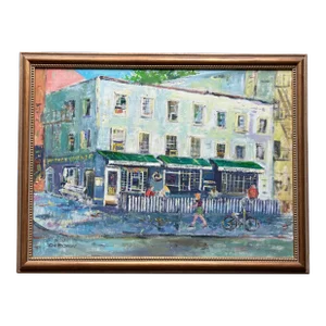Vintage Impressionist Oil Painting of Hudson Corner Street Scene Greenwich Village Ny