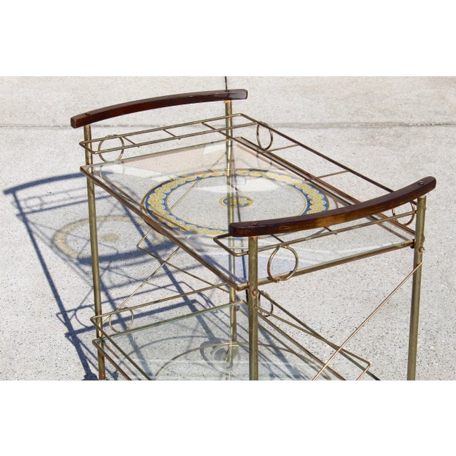 Mid-Century Modern Brass & Glass Bar Cart With Blue & Gold Medallion Top | Hollywood Regency For Sale - Image 9 of 18