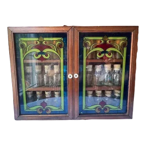 Late 20th Century Vintage Art Deco Style Leaded Glass Panel Spice Rack Cabinet With 30 Bottles