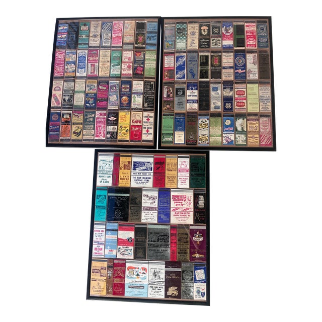 Collection of 3 Handmade Framing of 103 Vintage Matchbooks From the 30-40’s in Excelllent Condition. (Two Frames With 36 Units and 1 Frame With 31 Un) For Sale