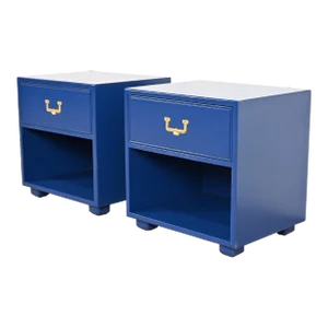 Henredon Mid-Century Hollywood Regency Campaign Blue Lacquered Nightstands, Newly Refinished