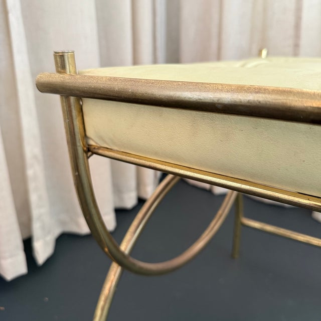 Hollywood Regency Brass Toned Tufted Vinly Curule Vanity Stool For Sale In New York - Image 6 of 7