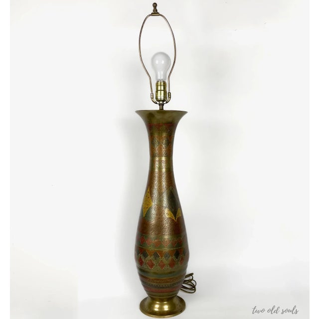 Indian Vintage Carved Brass and Enamel Table Lamp For Sale - Image 3 of 12