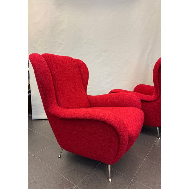 Textile Set of Armchairs in Red Bouclè, 1950s For Sale - Image 7 of 13